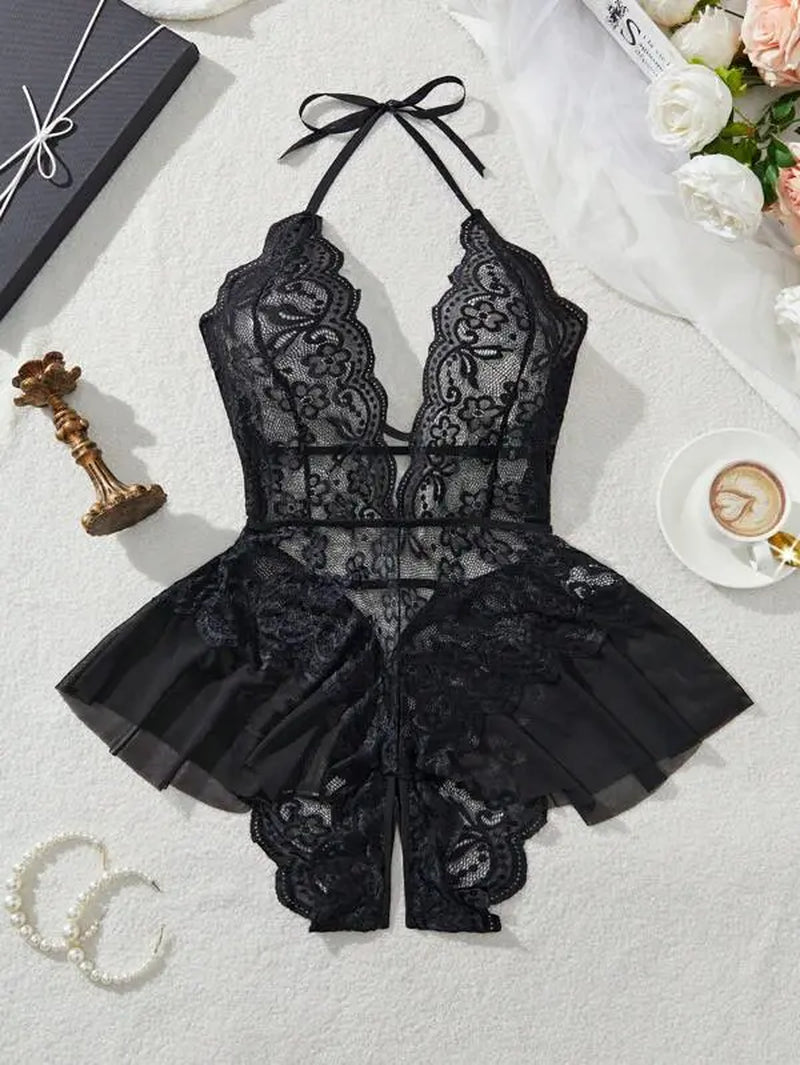 Step Out in Style: Women's Elegant Black Sheer Mesh Long Sleeve Jumpsuit - The Perfect Fitted Bodysuit for Dates and Parties