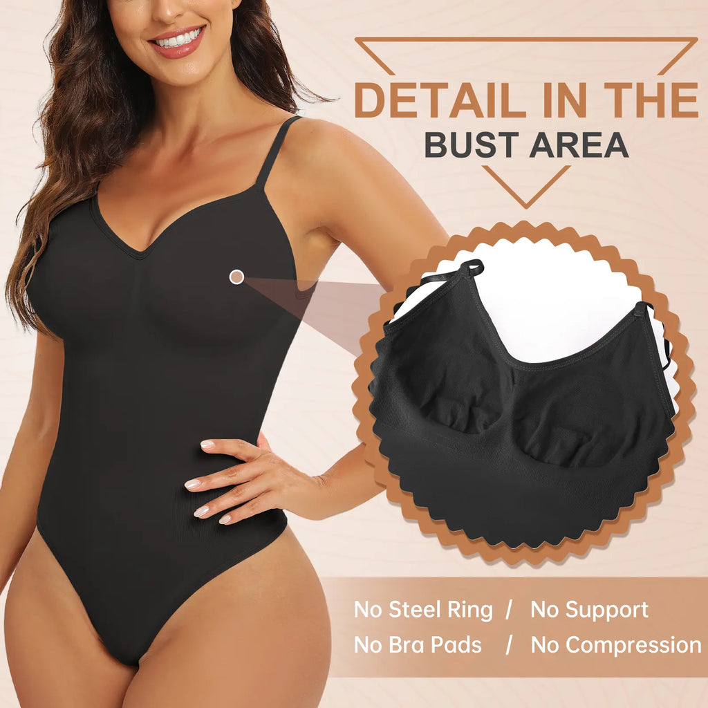 FASHORA Women's Seamless Thong Bodysuit Shapewear with V-Neck for Slimming and Sculpting