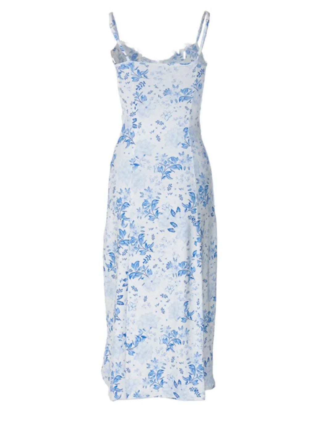 Elevate Your Summer Style with Our Women's Ditsy Floral Contrast Lace Spaghetti Strap Bodycon Midi Dress – Perfect for Beach Vacations!