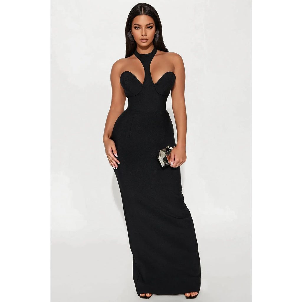Kendra Halter Neck Black Bandage Maxi Dress