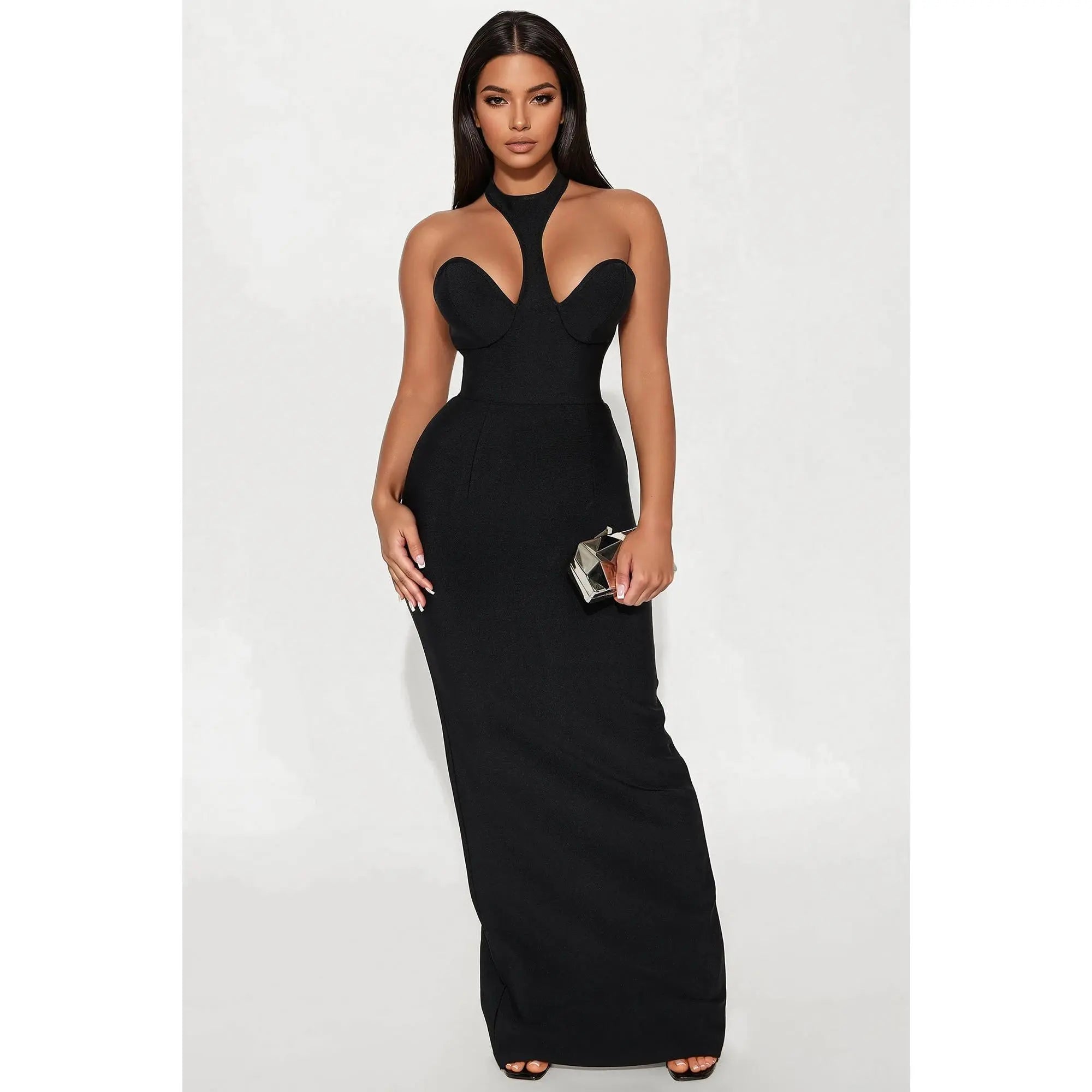 Kendra Halter Neck Black Bandage Maxi Dress
