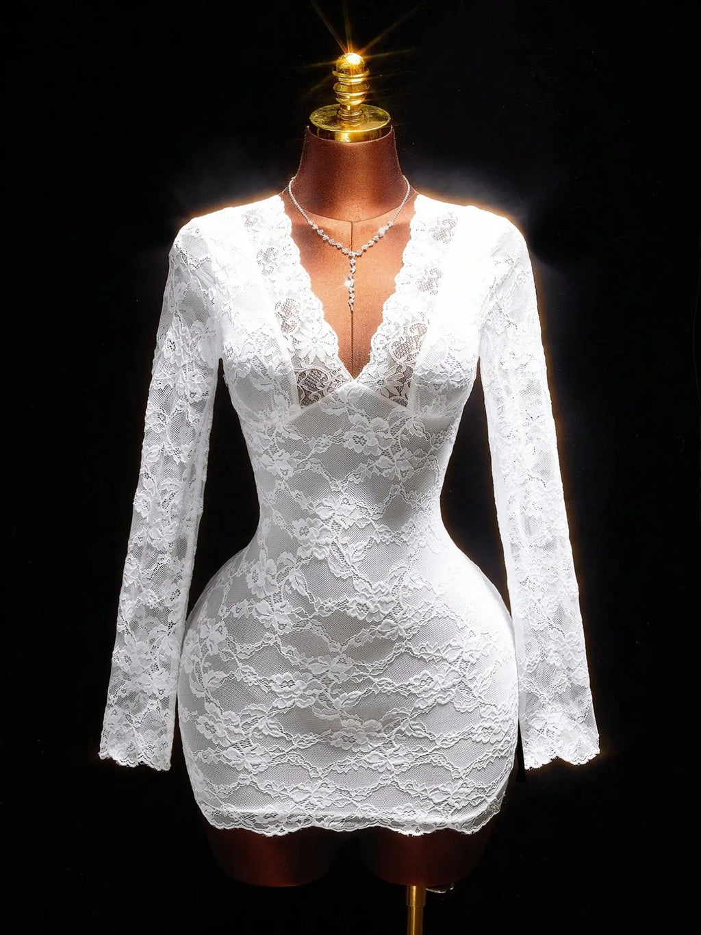 Luxe Lace Long Sleeve Deep V Backless Bodycon Dress with Tie Waist - Perfect for Cocktail Parties and Elegant Evenings