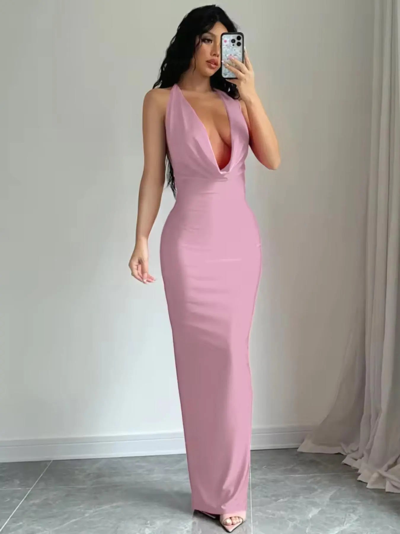 Elevate Your Summer Elegance with Our Backless Draped Satin Knit Dress - Perfect for Formal Events and Chic Gatherings!