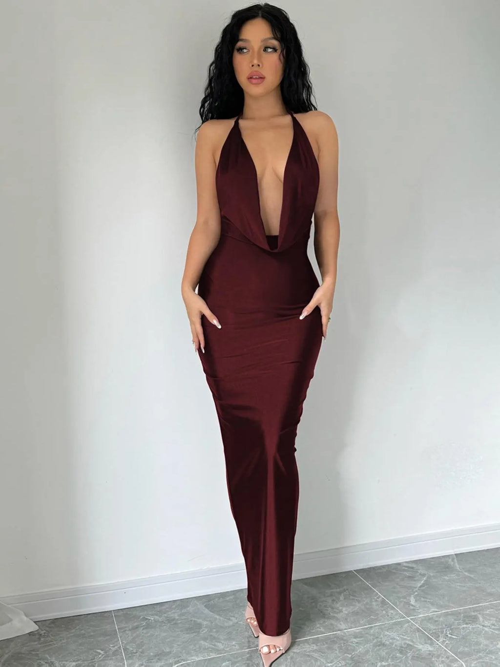 Elevate Your Summer Elegance with Our Backless Draped Satin Knit Dress - Perfect for Formal Events and Chic Gatherings!