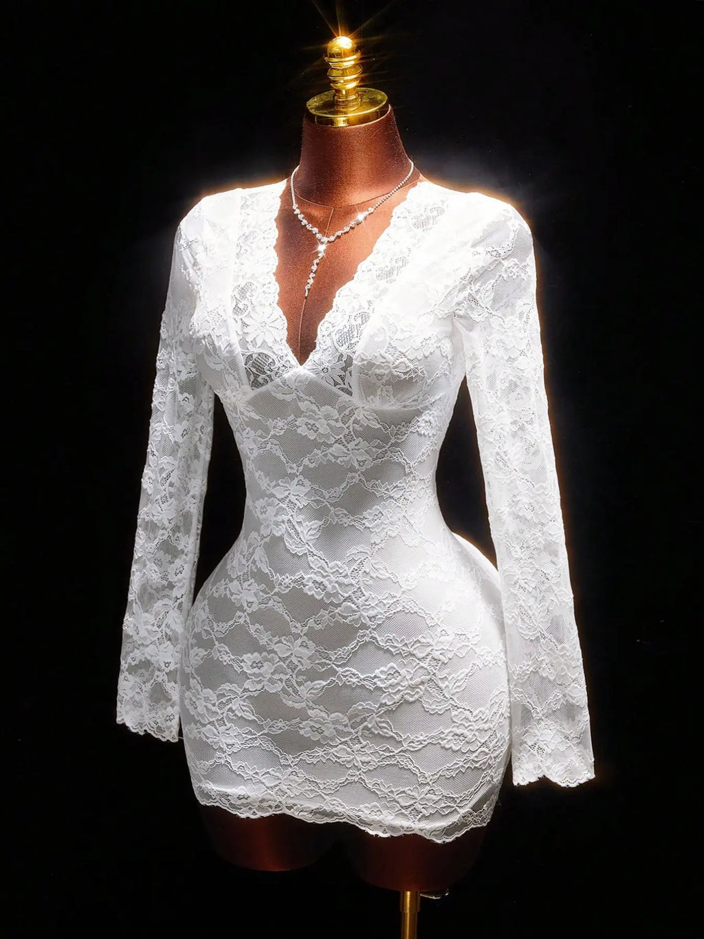 Luxe Lace Long Sleeve Deep V Backless Bodycon Dress with Tie Waist - Perfect for Cocktail Parties and Elegant Evenings