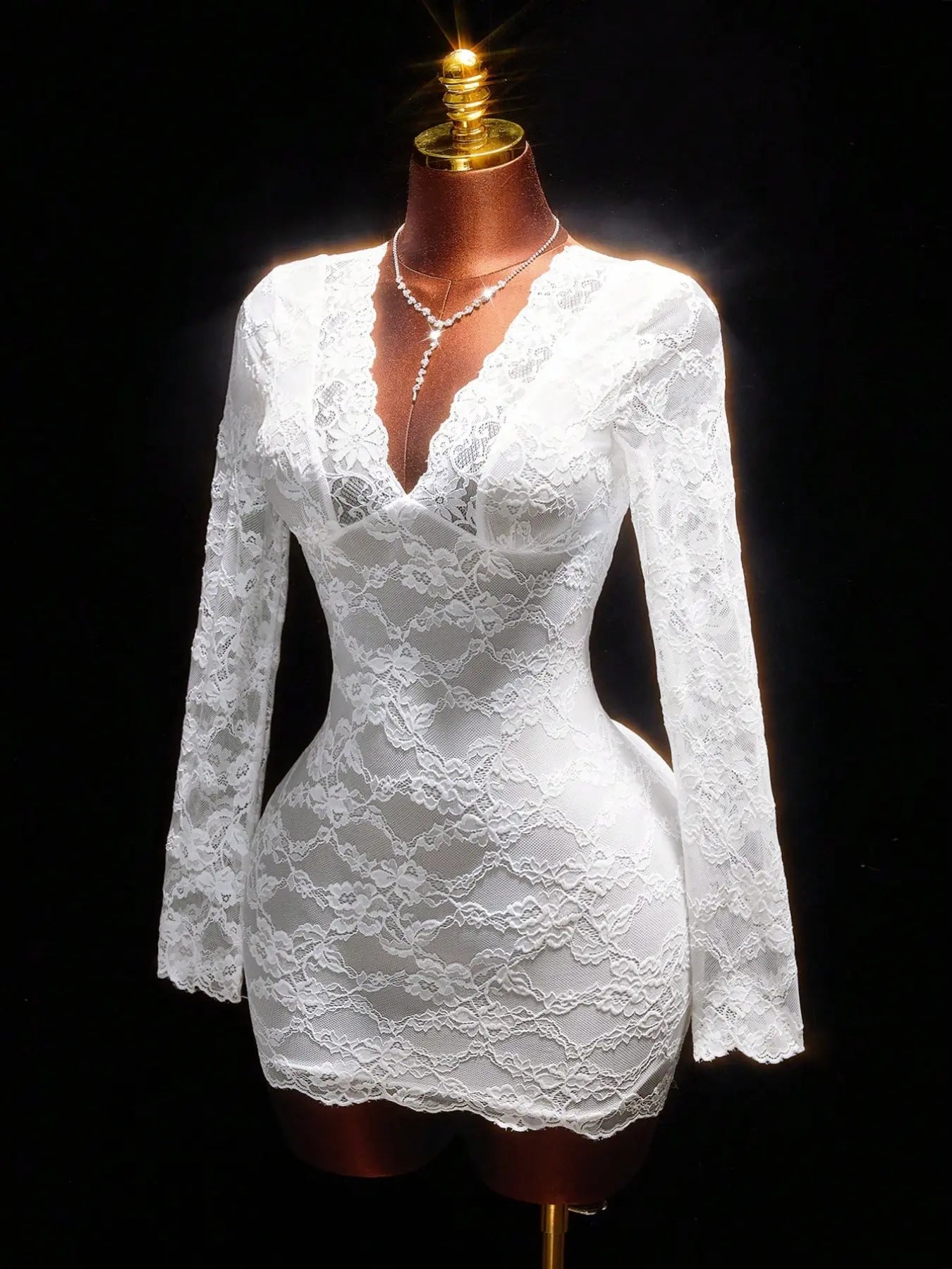 Luxe Lace Long Sleeve Deep V Backless Bodycon Dress with Tie Waist - Perfect for Cocktail Parties and Elegant Evenings