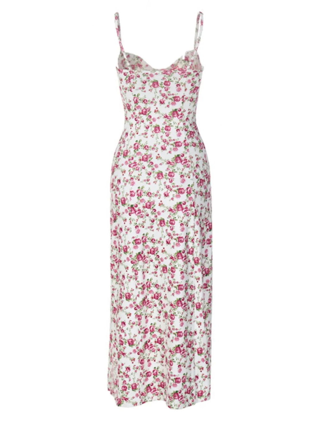 Elevate Your Summer Style with Our Women's Ditsy Floral Contrast Lace Spaghetti Strap Bodycon Midi Dress – Perfect for Beach Vacations!