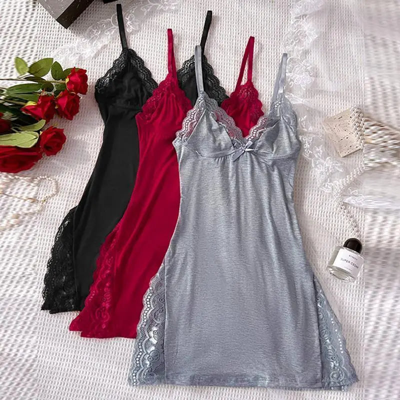 Chicme Women's Elegant Lace Trim Modal Cami Sleep Dress with Side Slit - Luxurious Lightweight Loungewear for Every Occasion