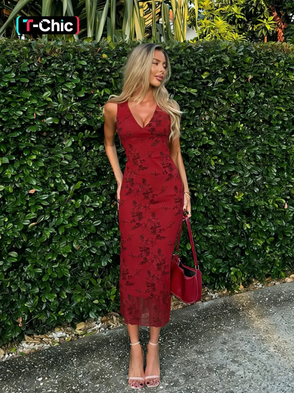 Chic Summer Elegance: Women's Floral Print Sleeveless Deep V-Neck A-Line Dress for Parties and Weddings