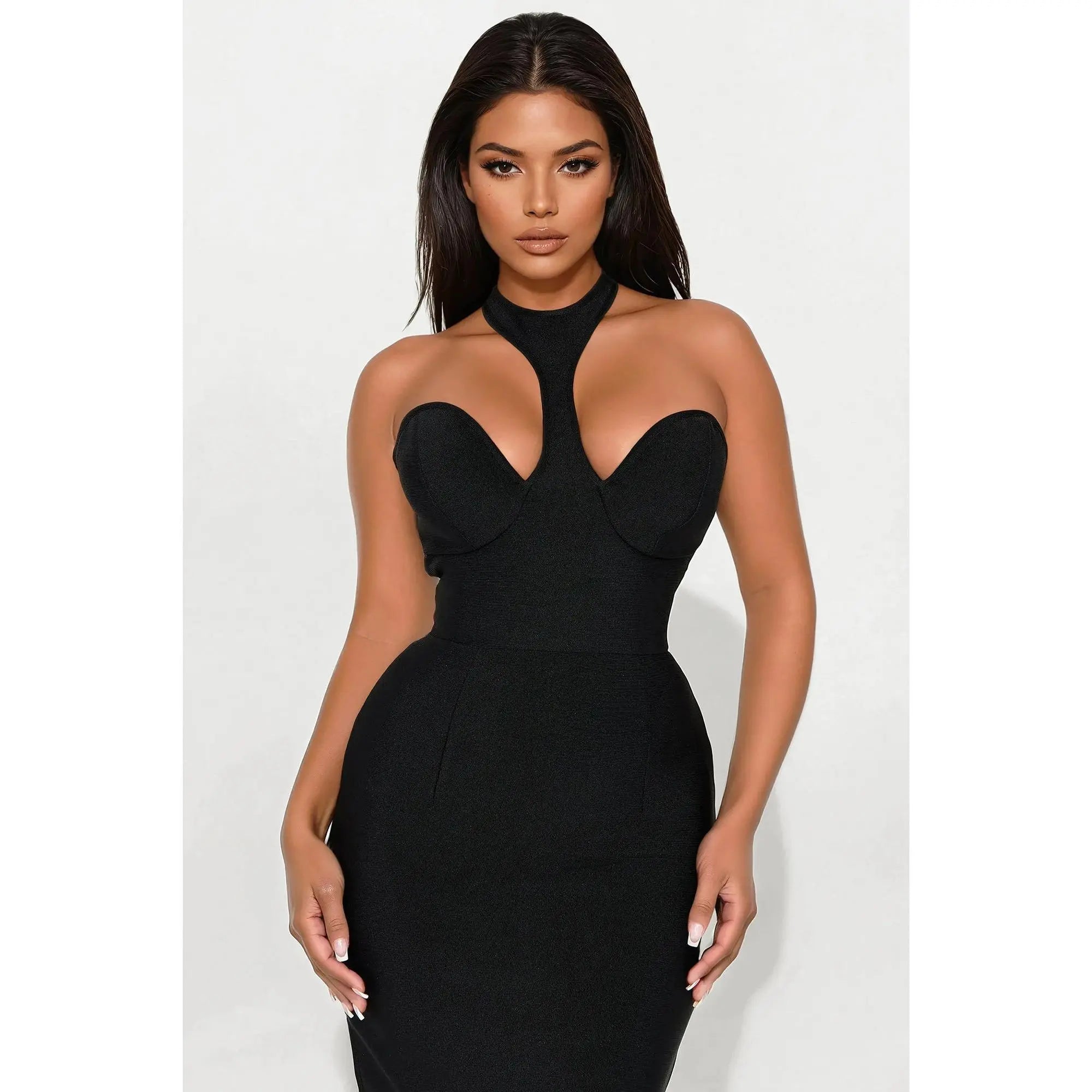 Kendra Halter Neck Black Bandage Maxi Dress