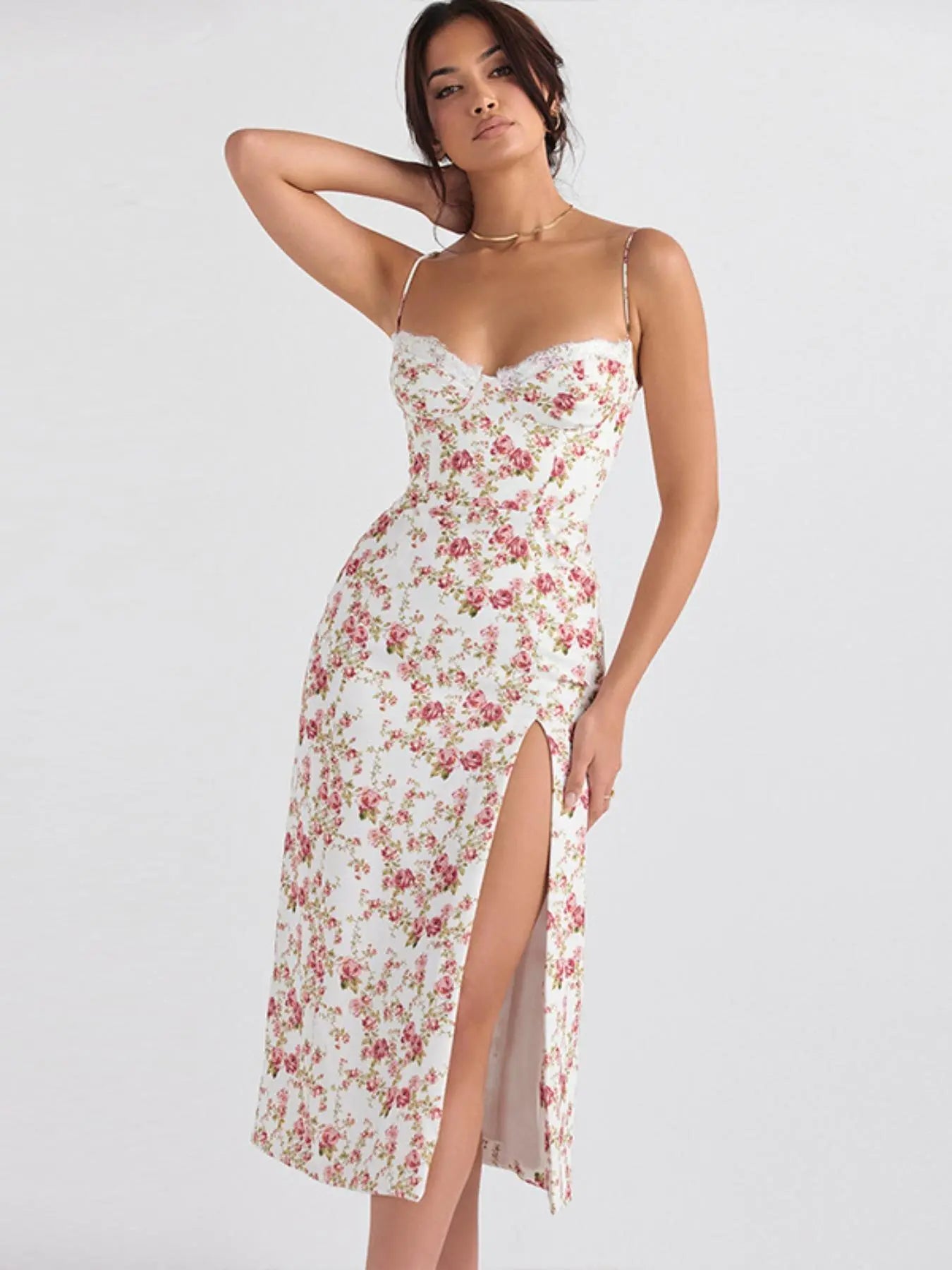 Elevate Your Summer Style with Our Women's Ditsy Floral Contrast Lace Spaghetti Strap Bodycon Midi Dress – Perfect for Beach Vacations!
