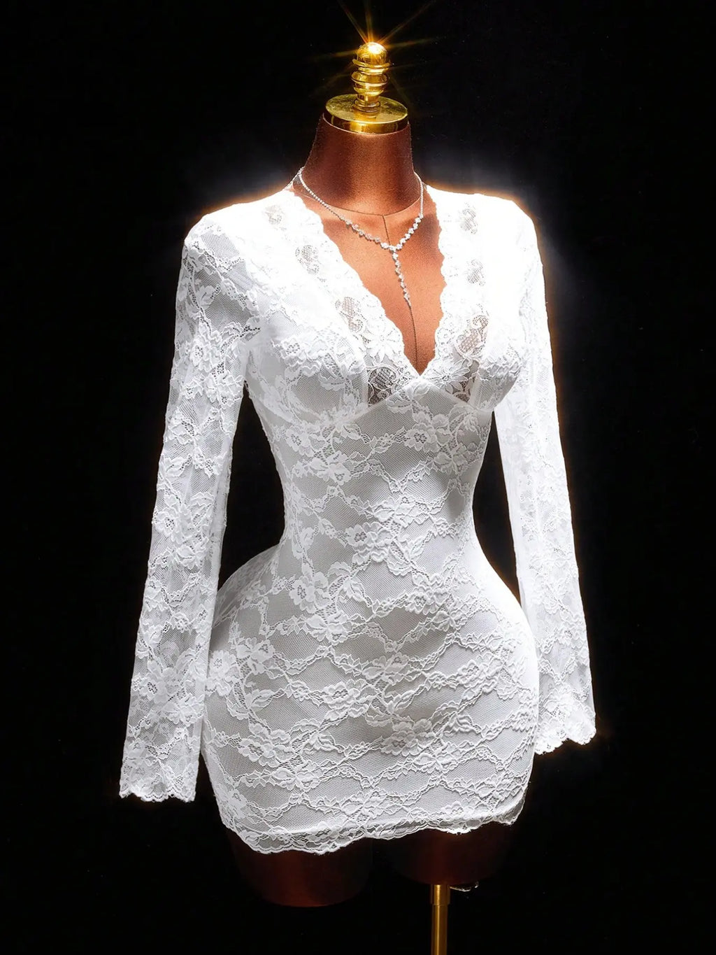 Luxe Lace Long Sleeve Deep V Backless Bodycon Dress with Tie Waist - Perfect for Cocktail Parties and Elegant Evenings