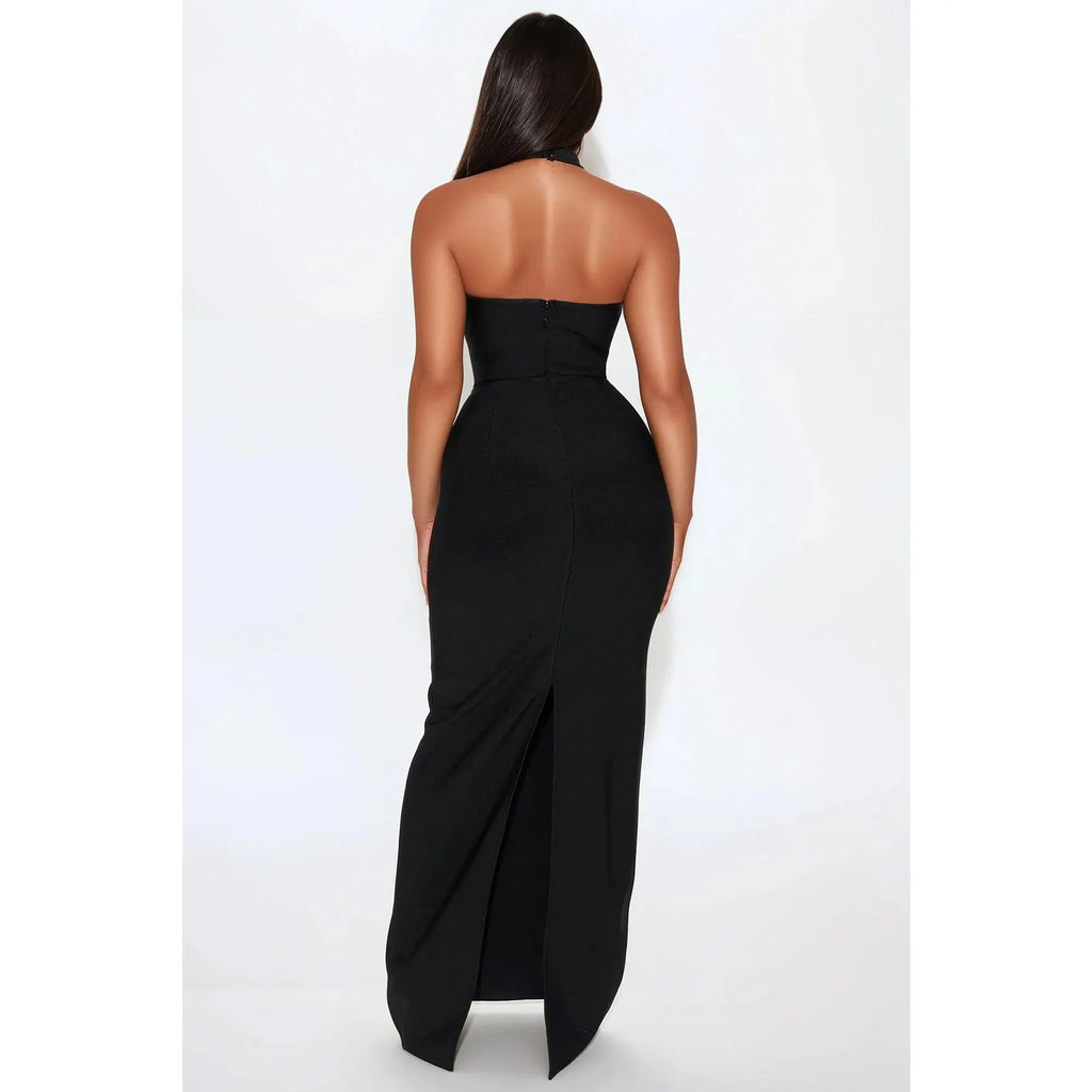Kendra Halter Neck Black Bandage Maxi Dress