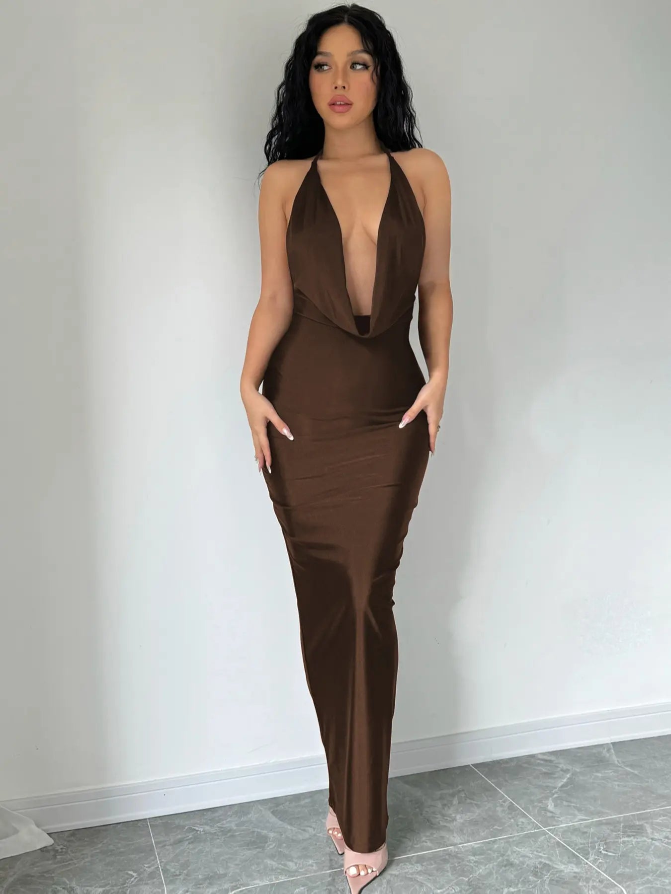 Elevate Your Summer Elegance with Our Backless Draped Satin Knit Dress - Perfect for Formal Events and Chic Gatherings!