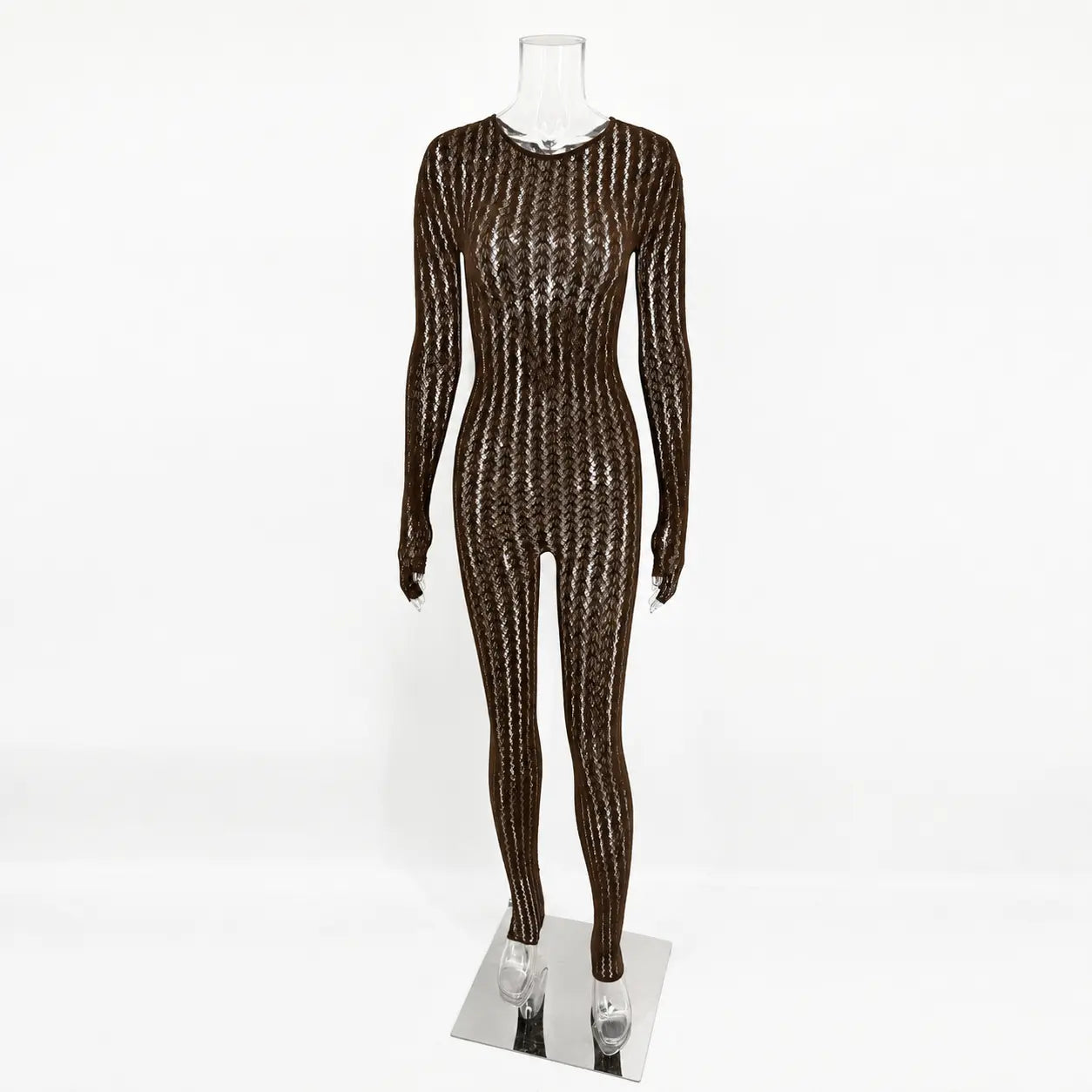 Women's Black Long Sleeve Bodycon Jumpsuit with Sheer Hollow Out Mesh Lace - Trendy Fashion Apparel for Parties and Events