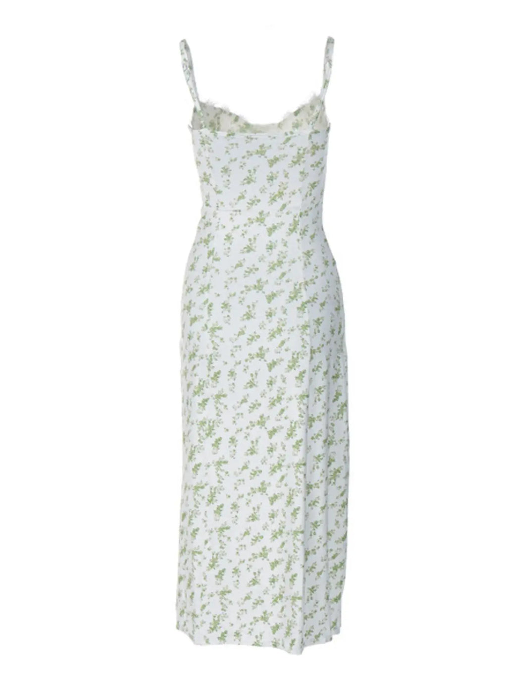 Elevate Your Summer Style with Our Women's Ditsy Floral Contrast Lace Spaghetti Strap Bodycon Midi Dress – Perfect for Beach Vacations!