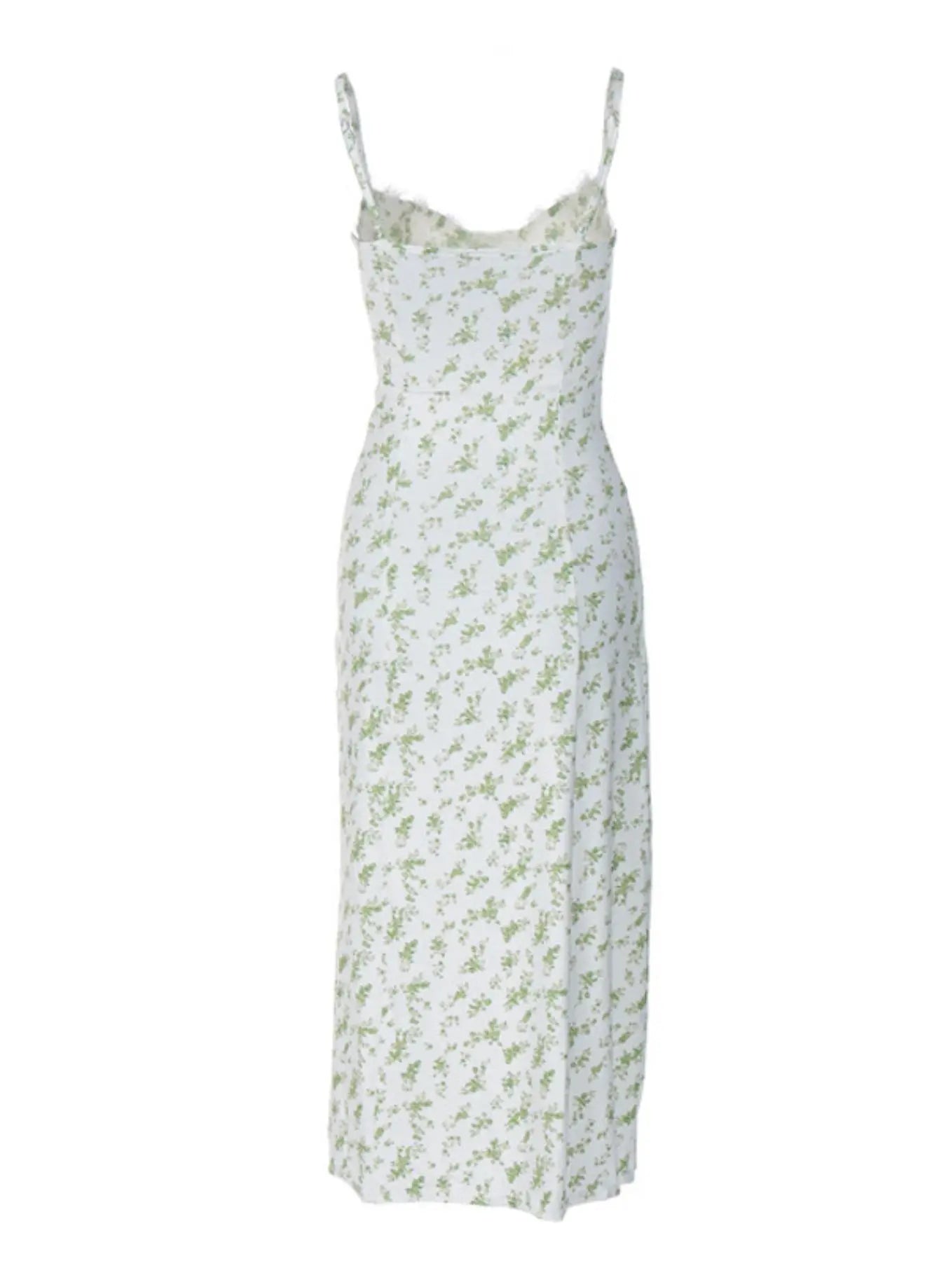 Elevate Your Summer Style with Our Women's Ditsy Floral Contrast Lace Spaghetti Strap Bodycon Midi Dress – Perfect for Beach Vacations!