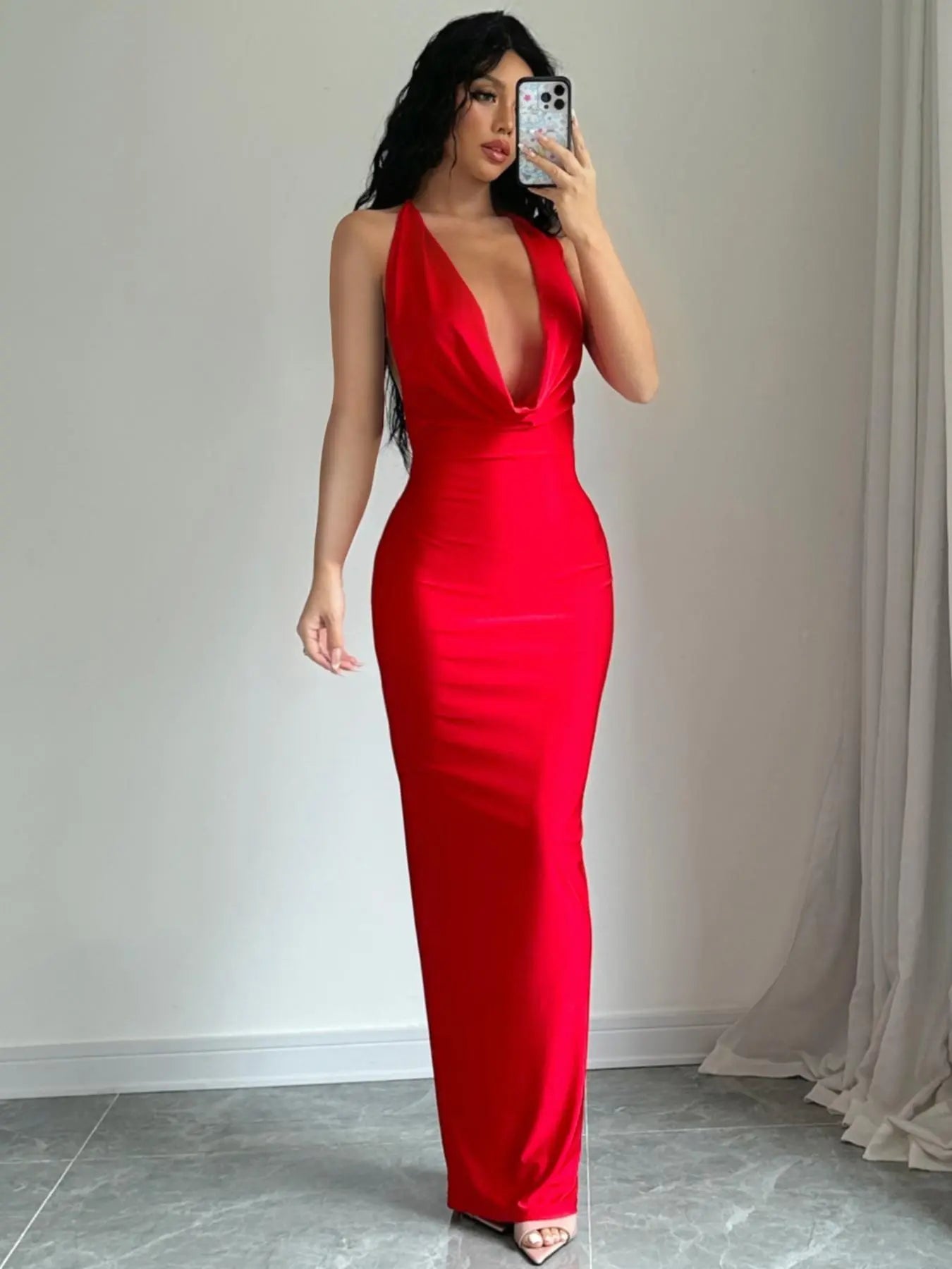 Elevate Your Summer Elegance with Our Backless Draped Satin Knit Dress - Perfect for Formal Events and Chic Gatherings!