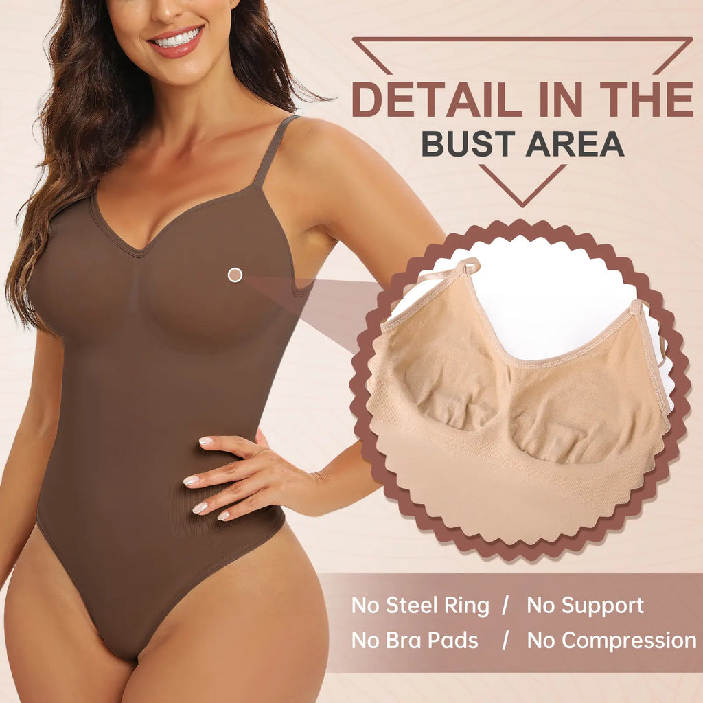 FASHORA Women's Seamless Thong Bodysuit Shapewear with V-Neck for Slimming and Sculpting