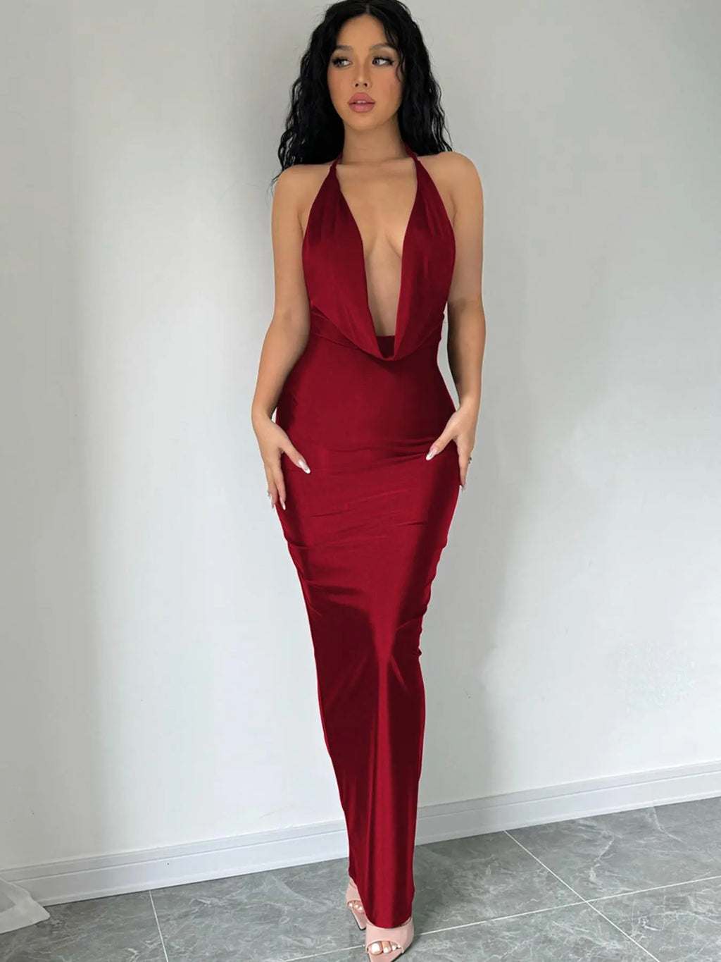 Elevate Your Summer Elegance with Our Backless Draped Satin Knit Dress - Perfect for Formal Events and Chic Gatherings!