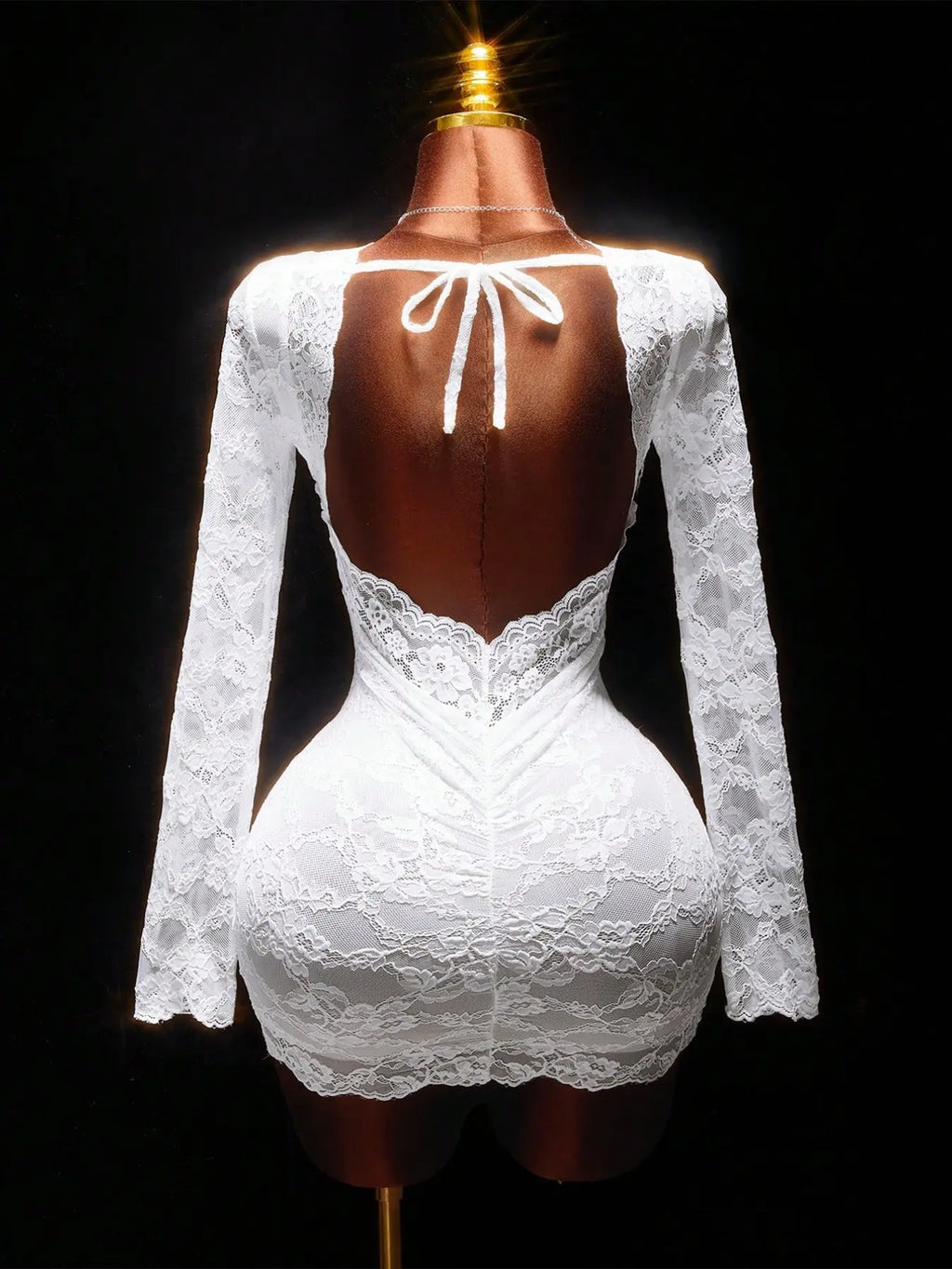 Luxe Lace Long Sleeve Deep V Backless Bodycon Dress with Tie Waist - Perfect for Cocktail Parties and Elegant Evenings