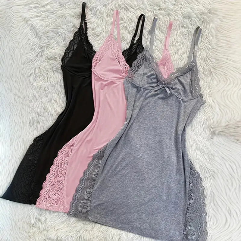 Chicme Women's Elegant Lace Trim Modal Cami Sleep Dress with Side Slit - Luxurious Lightweight Loungewear for Every Occasion