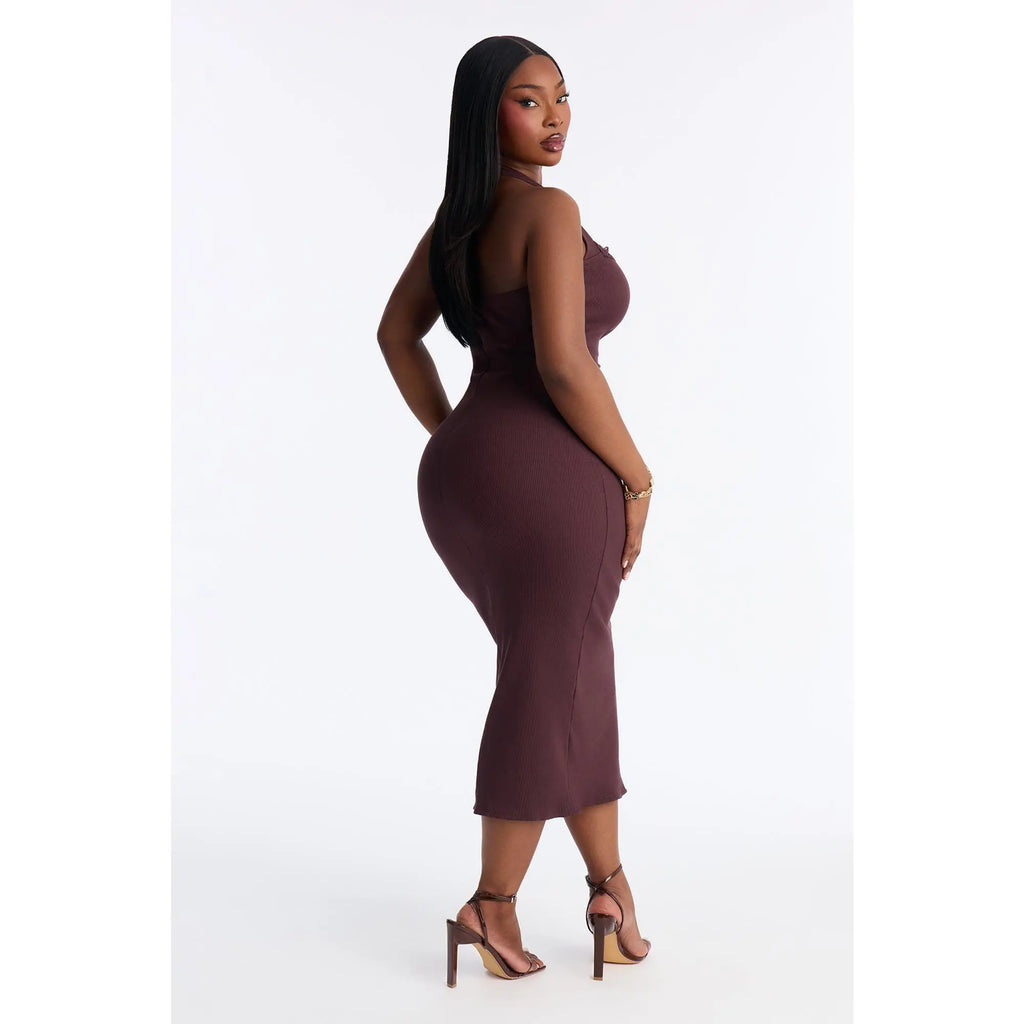 Elevate Your Style with the Mallory Chocolate Halter Midi Dress - Perfect for Any Occasion!