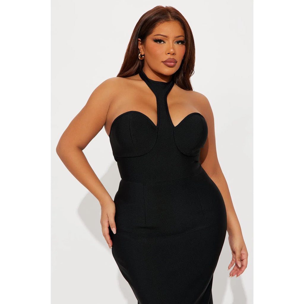 Kendra Halter Neck Black Bandage Maxi Dress
