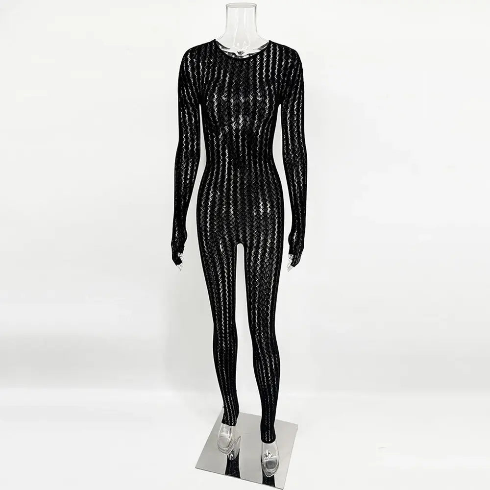 Women's Black Long Sleeve Bodycon Jumpsuit with Sheer Hollow Out Mesh Lace - Trendy Fashion Apparel for Parties and Events