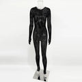 Women's Black Long Sleeve Bodycon Jumpsuit with Sheer Hollow Out Mesh Lace - Trendy Fashion Apparel for Parties and Events