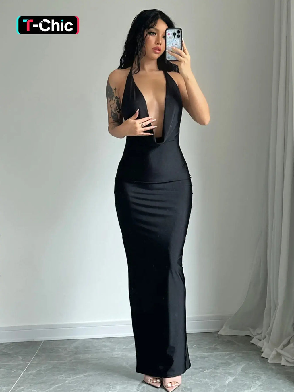 Elevate Your Summer Elegance with Our Backless Draped Satin Knit Dress - Perfect for Formal Events and Chic Gatherings!